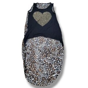 Ocasion Top Size Large Asymmetrical Top Rhinestone Heart Sheer Back Leopard Prin
